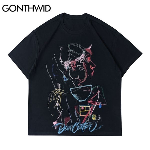 

oversized tshirts streetwear graffiti portrait t-shirts summer cotton casual fashion loose harajuku hip hop tees 210602, White;black