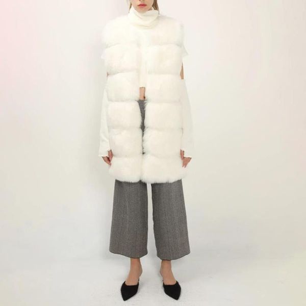 

women's fur & faux a fashion winter warm o neck vests women elegant slim long coats solid artificial ladies, Black