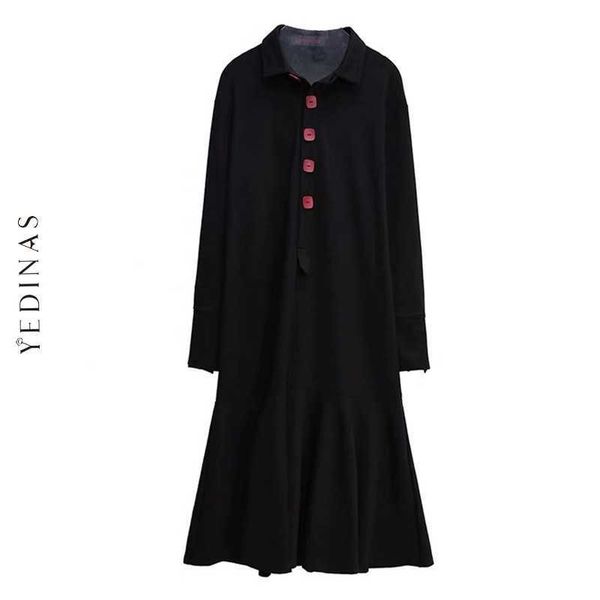 Единас Японский стиль Black Maxi платье с длинным рукавом шикарные кнопки дамы элегантные большие платья вечеринка Vestidos плюс размер 4XL 210527
