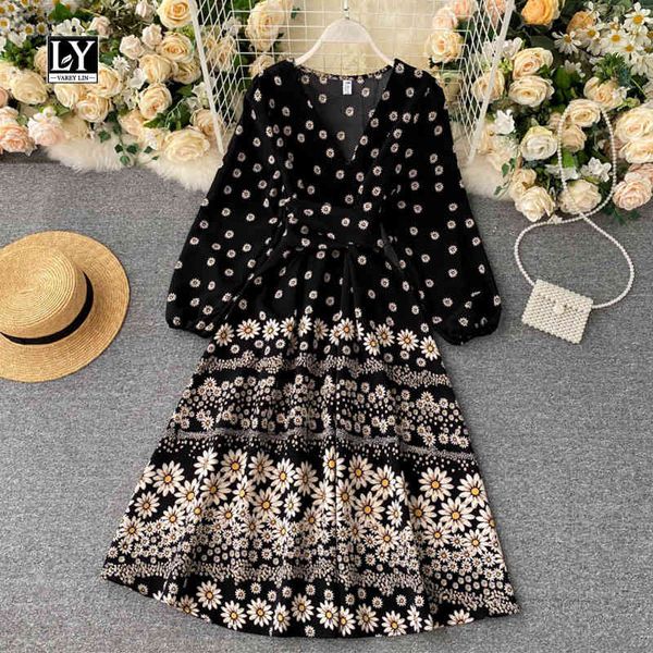 

dresses autumn sweet floral print dresses women elegant v neck puff sleeve sashes tie up loose flared dress, Black;gray