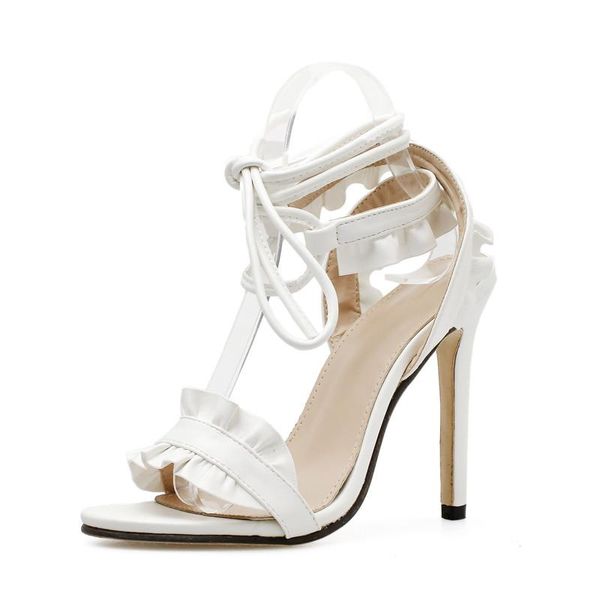 

ruffle high heels sandals women pumps thin heel lace-up summer shoes woman white bandage sandalias de verano para mujer xkd4130, Black