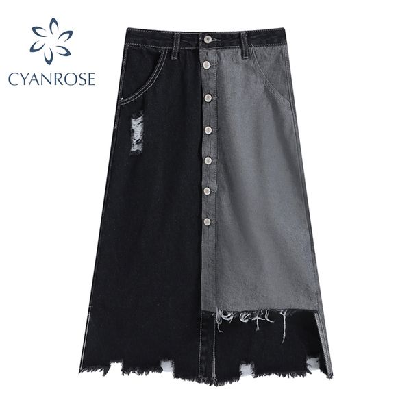 

irregular ripped jean skirts women high waist single breasted vintage denim skirt female hollow out tassel streetwear buttoms 210417, Black