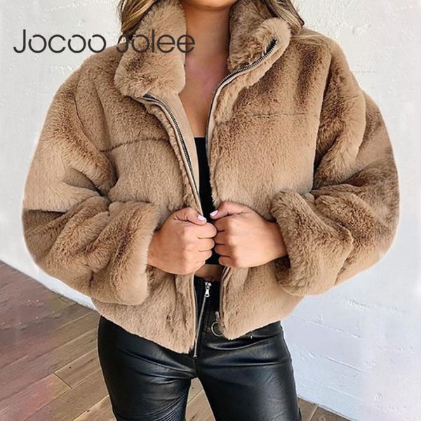 

women's fur & faux jocoo jolee elegant plush crop jacket women casual coat winter tuerleneck zipper thicken warm outwear vintage cardig, Black