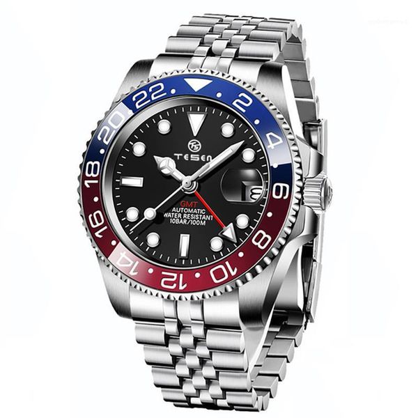 

luxury gmt watch tesen design men stainless steel automatic mechanical watches sapphire ceramic bezel waterproof clock wristwatches, Slivery;brown