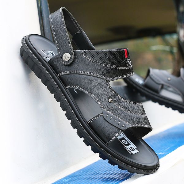 

men genuine leather summer casual male beach shoes antiskid thick bottom fashion classic man sandals arrival l5pw, Black