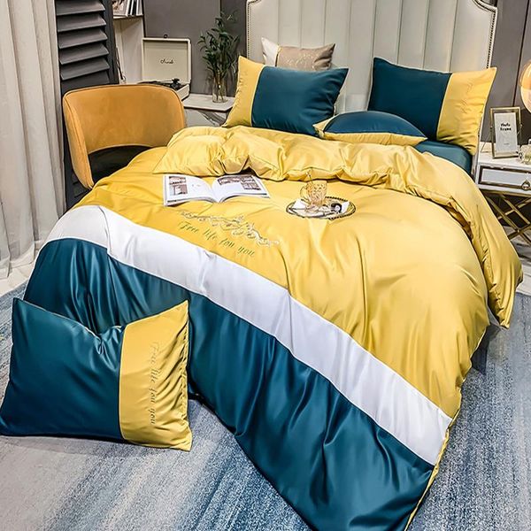 

bedding sets yellow twin full  king size silk/satin 4pcs set bedclothes duvet cover pillowcases bed sheet home textiles