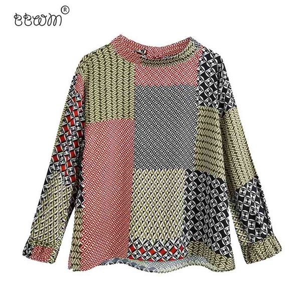 

women fashion printed patchwork loose blouses vintage o neck long sleeve side vents shirts female chic 210531, White