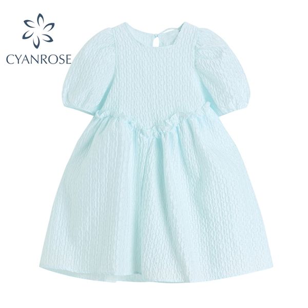 

summer korean style short sleeve sweet women dress high ruffle waist vintage elegant puff ligh blue mori girl 210430, Black;gray