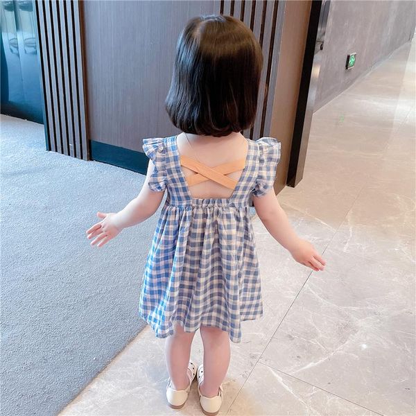 

girl's dresses summer small pure and fresh blue check dress style baby college-style cross back exposed princess, Red;yellow