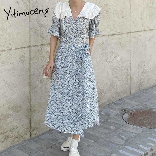 

yitimuceng boho floral print dresses women lace up high waist short flare sleeve blue summer fashion elegant midi dress 210601, Black;gray