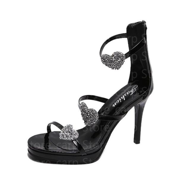 

sandals summer women slippers heels ankle buckle shoes rhinestone heart shoe for female silver champagne, Black