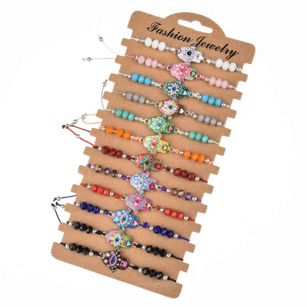 12 pcs / conjunto de moda esmalte fatima mão ajustável pulseiras mulheres homens maus olhos crystal beads amizade pulseira encantos jóias gc207