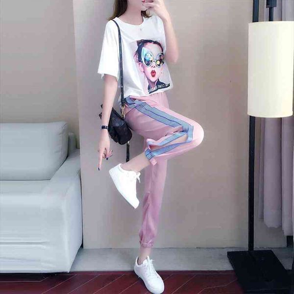 

summer fashion tracksuit loose casual cloth short sleeve t-shirt sweatpants two piece set jogging femme sports suit women, Gray
