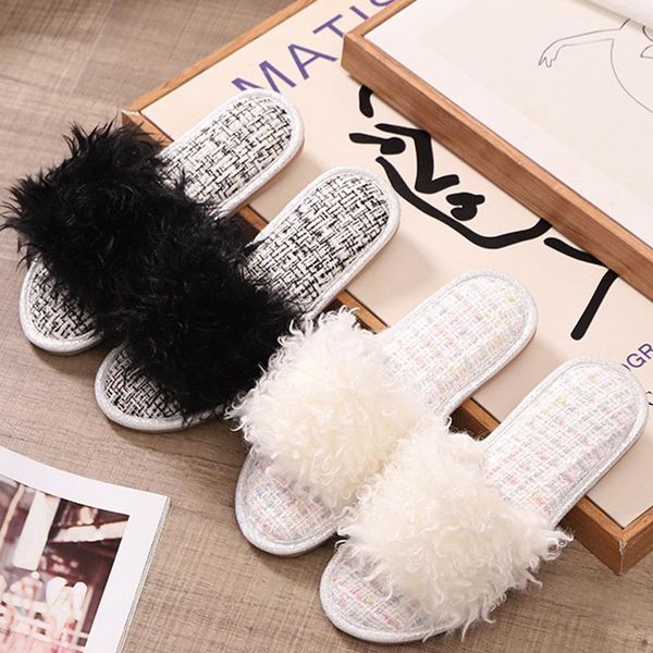 

furry slippers for women in autumn plush indoor non-slip fashion home, Black