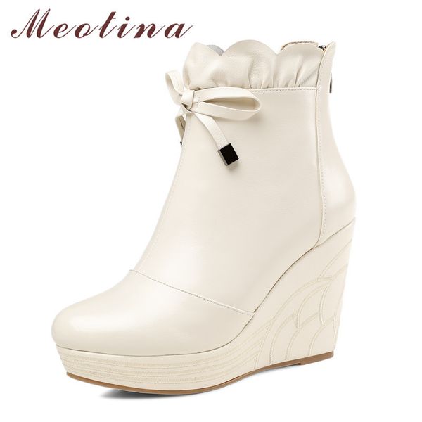 Meotina Ankle Boots Женская обувь Натуральная кожаная платформа Extreme High каблука короткие ботинки лук молния клин каблуки мода женские ботинки 210520