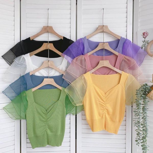 

women's blouses & shirts singreiny women korean knitted blouse design ruffles flying sleeve v neck elastic slim summer casual streetwea, White