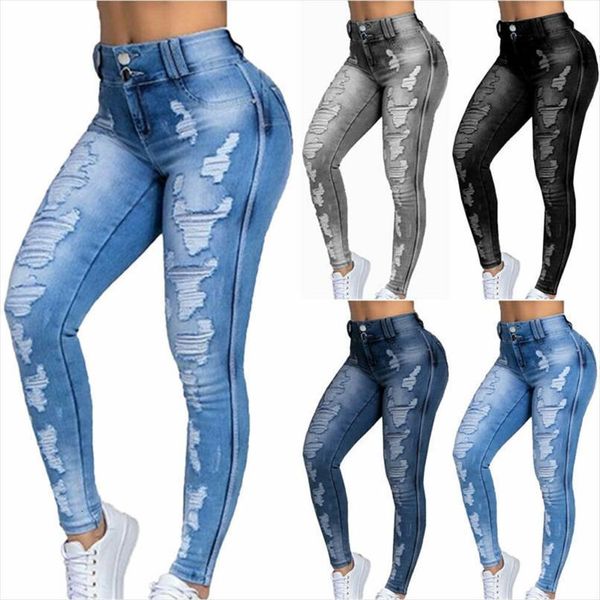 

pants stretch ripped ladieslong trousers women jeans jeggings pencil skinny clothing, Blue