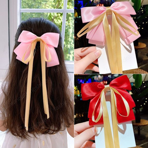 Корейский атласная шпилька с двусторонней лентой Streamer Bow Hair Clips Сплошные Цветовые Барьерки Весна Клип Женщины Аксессуары для волос