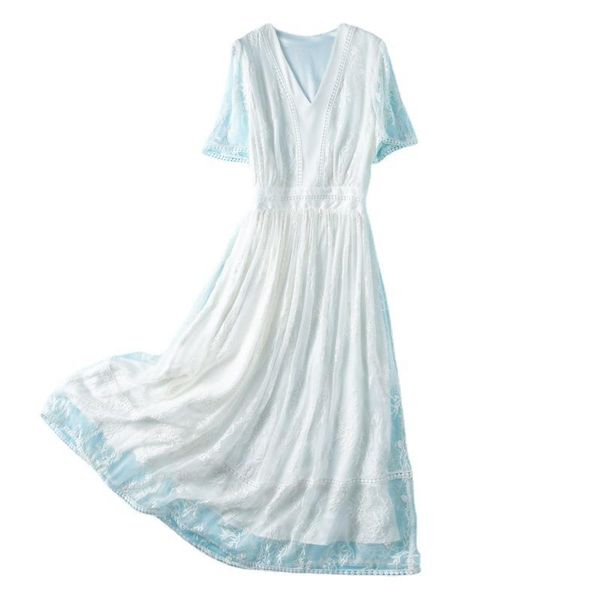 

summer embroidery thin white mulberry silk dress casual dresses, Black;gray