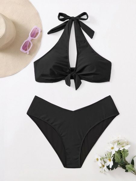 

plus knot front halter bikini swimsuit s8iw#, Black