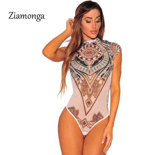 Ziamona Quente Sexy Top Tatuagem Imprimir Mulheres Bodysuit Perspectiva Imprimir Macacão Macacão Enteritos Mujer Club Use Bodycon Macacões Y0927