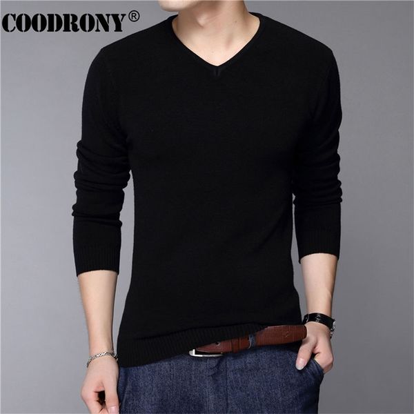 

coodrony casual slim fit sweater men classic pure black pullover men solid color v-neck pull homme cashmere wool sweaters shirts 210818, White;black