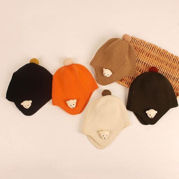 

caps & hats autumn winter baby hat cartoon bear pompom kids beanies for girl boy solid color outdoor warm born bonnet cap, Yellow