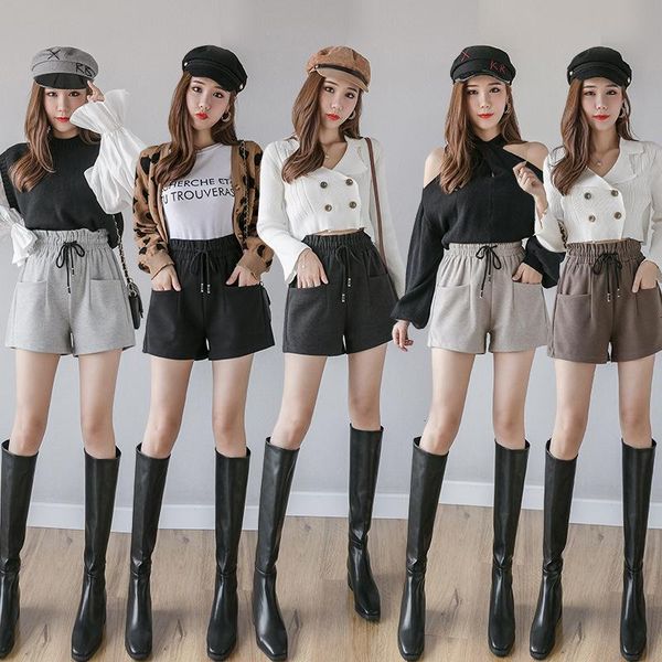 

women's shorts solid color slim 2021 winter autumn cotton woolen trouser female casual high waist drawstring short with pocket, White;black