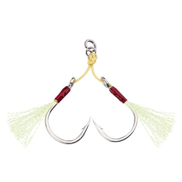

10pcs/set ocean boat fishing double hooks with barbed high strength deep sea jigging assist hook glow feather