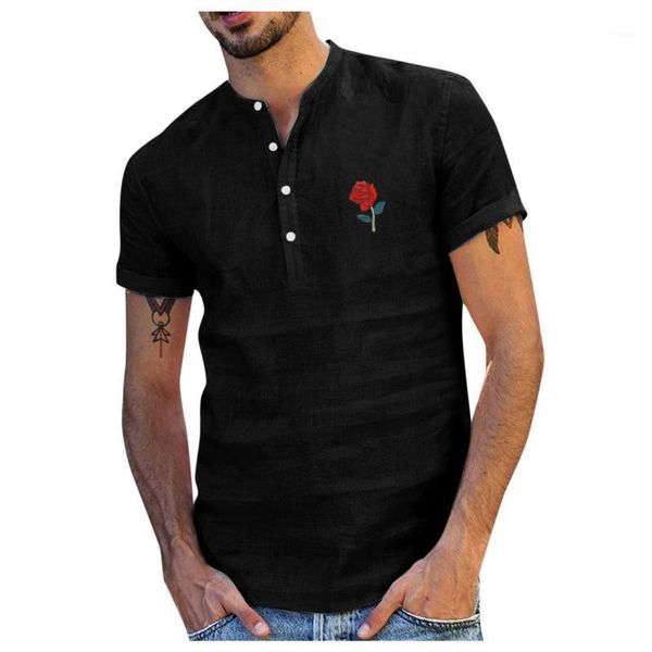 

men's casual shirts rose printing men floral stand button up blouses chemises cotton linen shirt blouse roupa masculina, White;black