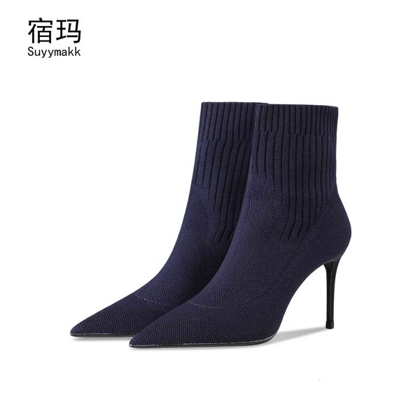 

dress shoes women high heels boots pointed toe fabric elastic socks stilettos for woman 2021 fashion short 6/8cm meht, Black