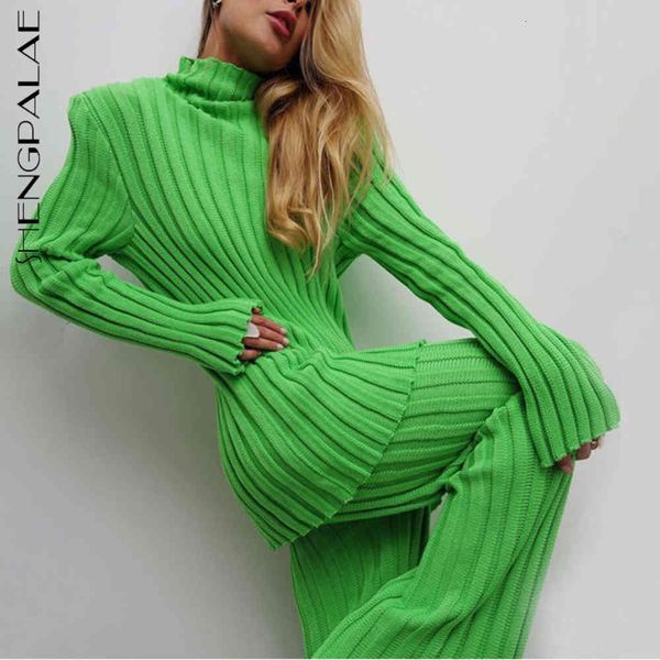 

shengpalae mode groene coltrui lange mouw pit trui en hoge taille losse rechte gebreide broek twee stuks sets vrouwen, White