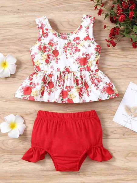 

baby floral print peplum & ruffle trim shorts she, White