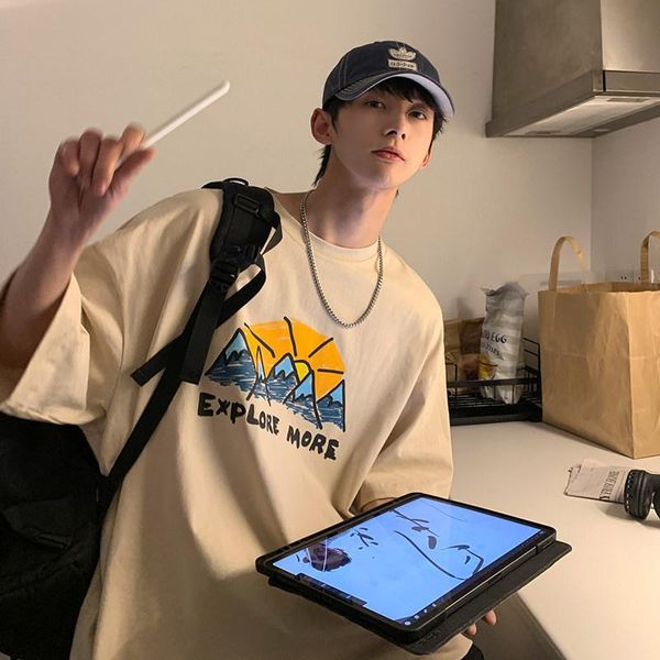 

men's t-shirts short-sleeved t-shirt summer round neck loose trend printing shirt korean style tide brand casual wild half-sleeved cart, White;black