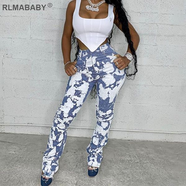 

fashion tie dye ladies jean pants casual high waist denim pencil 2021 autumn winter street women blue trousers women's & capris, Black;white