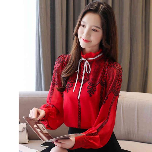 

dress women's long sleeve chiffon women blouse shirt plus velvet thick lace printed shirts autumn winter blusa, White