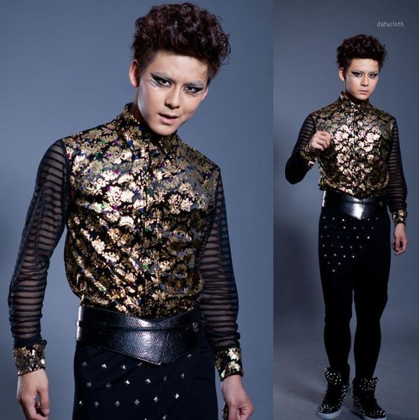 

fashion vintage punk slim shirt men long sleeve teenage floral print mens personality stage singer dance men's casual shirts, White;black