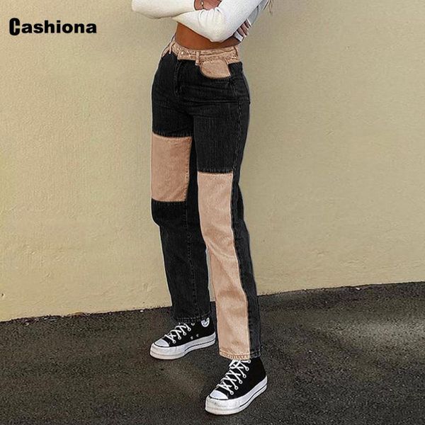 

women's high waist jeans demin pants femme patchwork straight bottom streetwear hip hop denim trouser ladies clothing, Blue