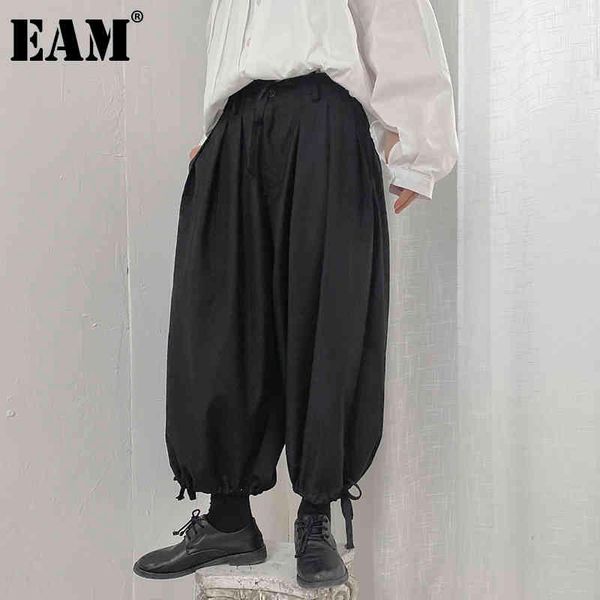 

[eam] high elastic waist black pleated long wide leg trousers loose fit pants women fashion spring summer 1dd8634 21512, Black;white