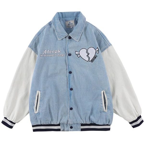 

men's jackets broken heart embroidery denim baseball jacket coat men hip streetwear patchwork harajuku varsity bomber punk retro, Black;brown