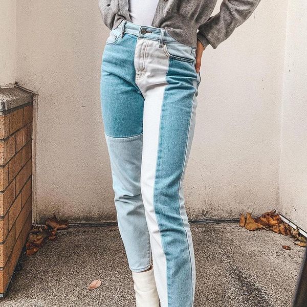 

high waist blue hip hop patch jeans streetwear straight leg pants boyfriend skinny cowboy denim trousers pantalones para mujer women's