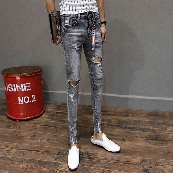 

men's jeans wholesale fashion ripped jeans men's nine-point slim feet korean fashion thin gray retro wild beggar teenagers pencil, Blue