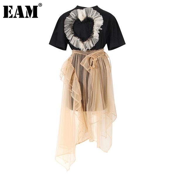 

[eam] half-body skirt heart mesh two pieces suit turtleneck short sleeve loose women fashion spring summer 1dd8664 21512, White