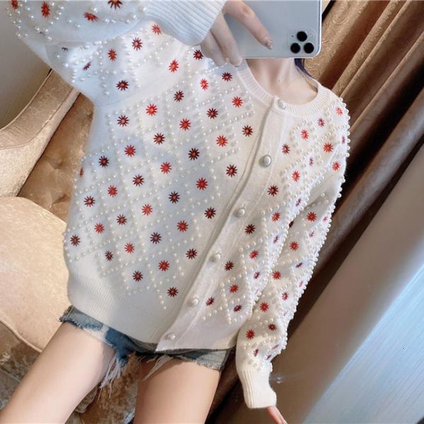 

women's jackets autumn winter pearl flower embroidery loose knit sweater white cardigan coat women fashion designer clothes icwa, Black;brown