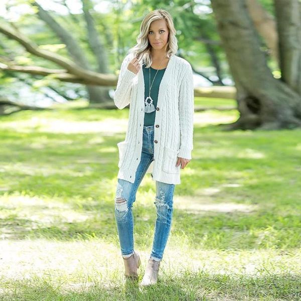 

women's sweaters women solid white knitted sweater coat long sleeve warm buttons cardigans fashion knit weave pockets jacket autumn wi, White;black