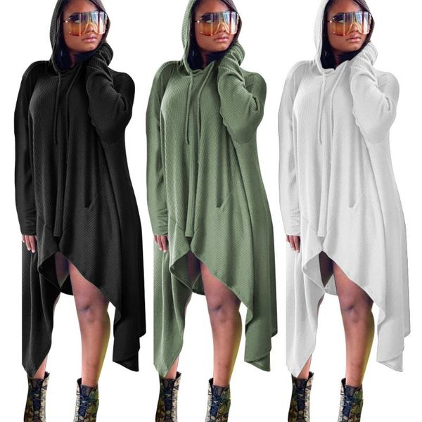 

casual dresses pure color women loose 2021 autumn hooded drawstring full sleeve pockets asymmetrical dress arrivals, Black;gray
