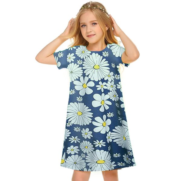 

blue dress short-sleeved printed dress children's casual dress a-line skirt knee-length long simple, elegant and colorful 5-15 years ol, Red;yellow