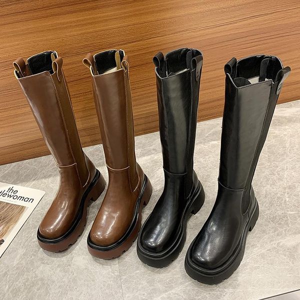 

boots shoes lolita round toe thigh high heels boots-women wedge rubber autumn elegant ladies rock med over-the-k, Black