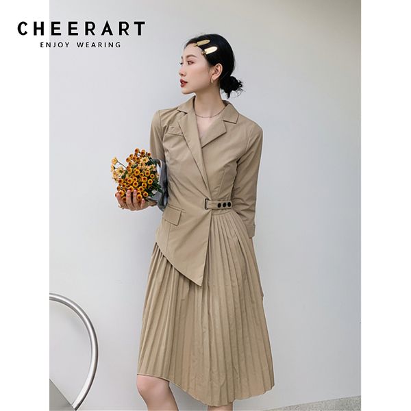 

autumn designer long pleated blazer dress women patchwork lapel tunic khaki quarter sleeve ladies korean 210427, Black;gray