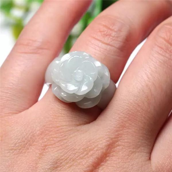 

cluster rings natural white jade emerald rose flower ring hand-carced chinese charm jewelry gifts for women, Golden;silver